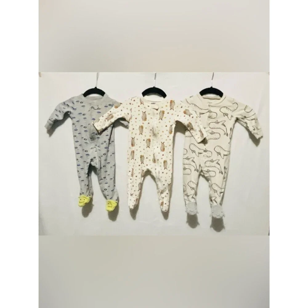 Lot of 3 Carter's Old Navy Baby Boy 6-9M Cotton Sleep and Play Whales Monsters